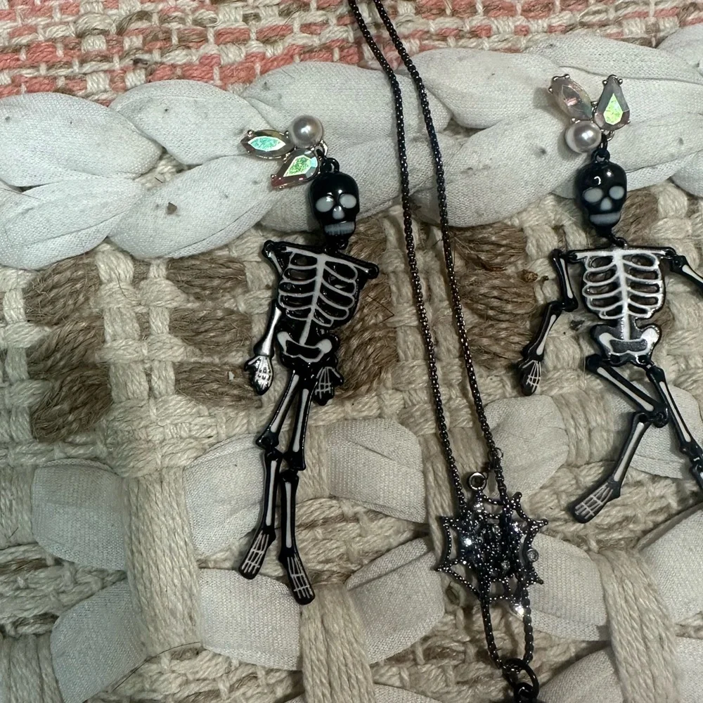 BETSY JOHNSON bedazzled skeleton necklace earring set